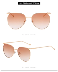Detail of oval metal sunglasses in gold with light brown gradient lenses from two angles