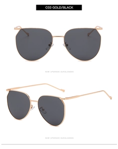Front and 45-degree angle detail of oval gold metal sunglasses with black lenses