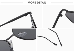 Detail view of oval metal sunglasses showing hinges, silicone nose pads and black frame