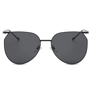 Fashionable oval metal sunglasses with black frame and dark grey lenses in minimalist style