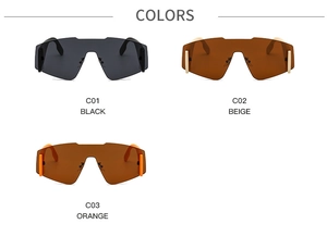 Tre varianti di occhiali da sole oversize a maschera nei colori nero, beige e arancione