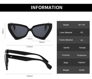 Tabella taglie dettagliata occhiali da sole cat-eye S21181 con dimensioni e peso PC