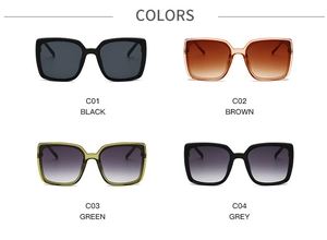Detailed grid showing four color variants of large square frame sunglasses in flat lay view