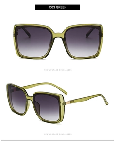 Front and side view of olive green oversized square sunglasses with gradient lenses