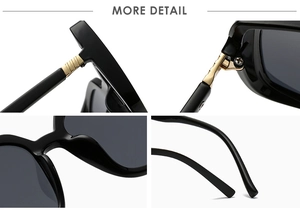 Detailed views of gold metal hinges and black frame texture on square sunglasses