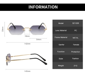 Detailed size chart of rimless polygon sunglasses with gradient lenses and gold temples