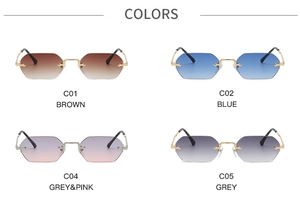 Detailed grid view of rimless octagonal sunglasses in brown, blue, and grey gradients
