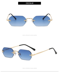 Close-up of frameless hexagonal blue gradient sunglasses with minimalist gold temples