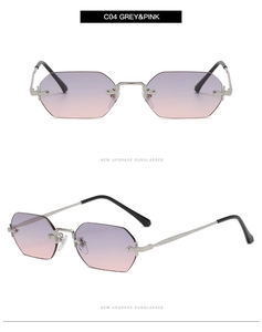 Detail of rimless octagonal sunglasses C04 with pink gradient lenses and silver frame