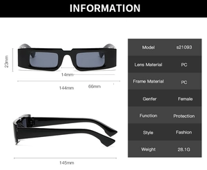 Detailed technical diagram showing dimensions and specs of these retro rectangular sunglasses