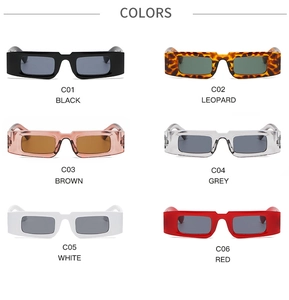 Macro display of six different vintage rectangular sunglasses colors for trendy street style