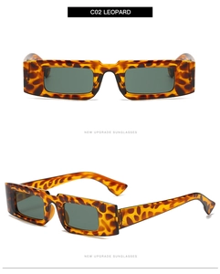 Detail view of leopard print rectangular sunglasses with dark green lenses and C02 finish