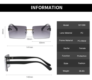 Detailed dimensions of square rimless sunglasses with gradient lenses and metal hinges
