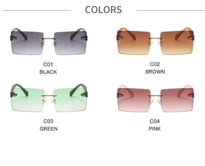 Four colors of rimless square sunglasses with gold metal bridge and gradient lenses