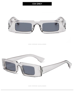 Detail of C04 Grey rectangular sunglasses with transparent grey frame and dark lenses