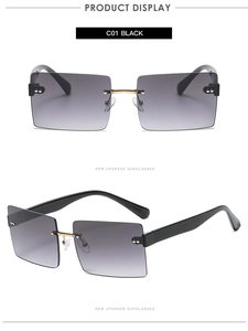 Front and side view of frameless rectangular sunglasses with gradient grey lenses