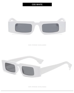 Detail view of C05 white rectangle sunglasses with thick glossy frames and dark lenses
