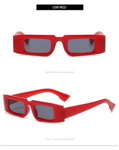 Detailed front and side view of red rectangular retro sunglasses with dark grey lenses