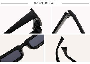 Detail view of sturdy metal hinges and integrated nose pads on black narrow rectangle sunglasses