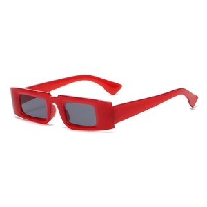 Retro rectangle sunglasses with thick red resin frame and dark grey lenses for street style