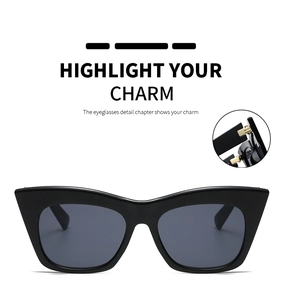 Detail of black cat-eye sunglasses featuring golden metal hinges and dark grey lenses