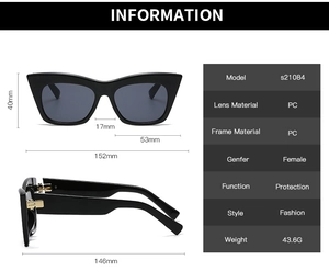 Detailed size chart for black cat eye sunglasses with frame and lens measurements
