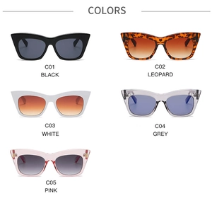 Five color options for oversized cat eye sunglasses including black, leopard, and grey