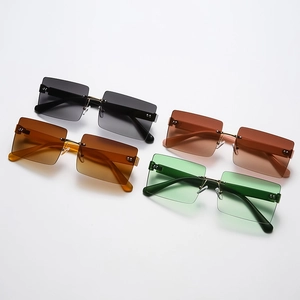 Fashionable rimless square sunglasses in black, tea, amber, and green with metal hinges