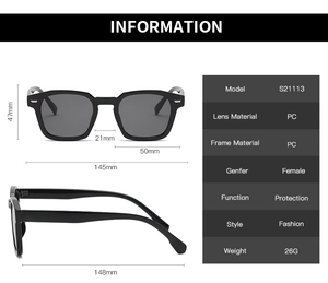 Detailed size specifications and side profile view of black polygonal sunglasses S21113