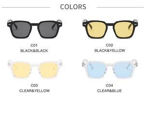 Four different color options for retro irregular polygon sunglasses with metal rivets