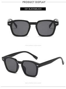 Front and 45-degree angle views of black irregular polygon sunglasses with silver rivets