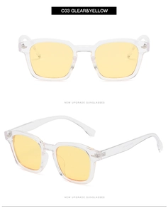 Detail of transparent square sunglasses with yellow lenses showing frame specifications
