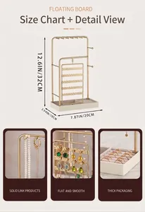 Detail of 32cm gold jewelry tower with tiers and hooks for necklace and ring storage