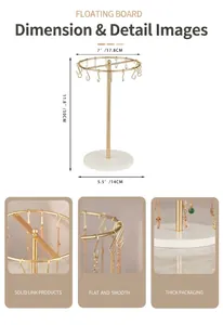 Golden metal jewelry stand dimensions 30cm height with white base and earring hooks