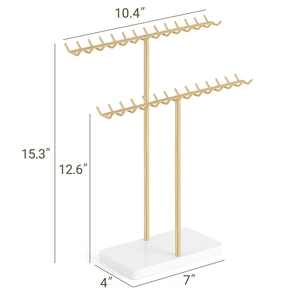 Golden double-tier jewelry stand with white base and precise dimensions for storage