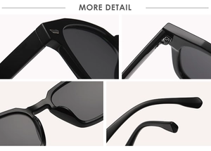 Macro detail of irregular polygonal sunglasses showing precision hinges and nose pads