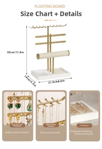 Detailed dimensions of gold jewelry tower with earring hooks and white base tray