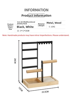 Detailed view of iron jewelry tower with wood base showing hooks and multi-layer structure