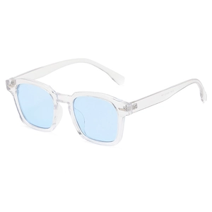 Fashionable irregular polygon sunglasses with clear frames and light blue lenses