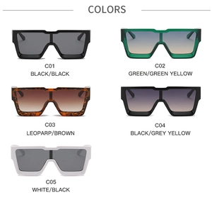 Five color options of oversized square sunglasses including black and leopard print