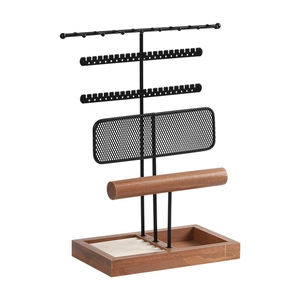 Multi-tier black metal jewelry tower with wooden base for necklaces and rings