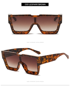 Detailed views of leopard print oversized square sunglasses with brown gradient lenses