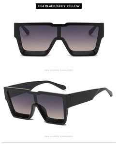Detail of square oversized black sunglasses with gradient purple to orange lenses C04