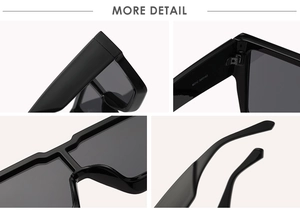 Detailed close-up of oversized square sunglasses featuring integrated nose pads and hinges
