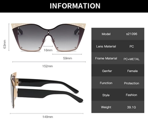 Detailed size specifications and technical drawing of cat-eye fashion sunglasses