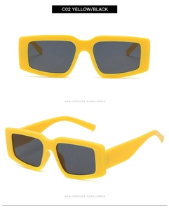 Détails des lunettes de soleil carrées jaune vif avec monture épaisse et verres foncés