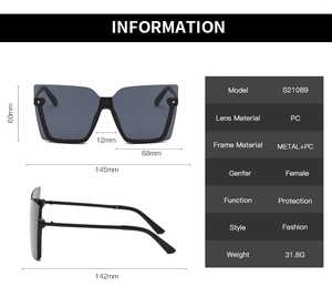 Detailed technical diagram of square semi-rimless sunglasses showing precise dimensions