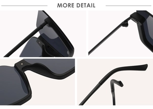 Detailed views of square sunglasses featuring reinforced hinges and integrated nose pads