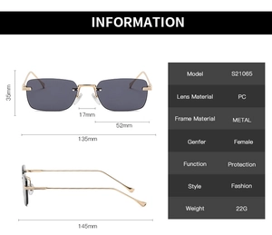 Detailed size specifications for rimless square metal sunglasses model S21065 in gold