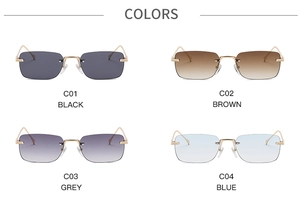 Matrix showing rimless rectangular sunglasses in black, brown, grey, and blue lens tints